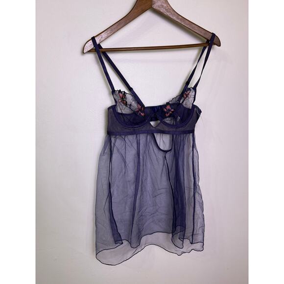 NWT Adore Me Navy Blue Floral Embroidered Mesh Babydoll Lingerie Butterfly 34B - Picture 1 of 4